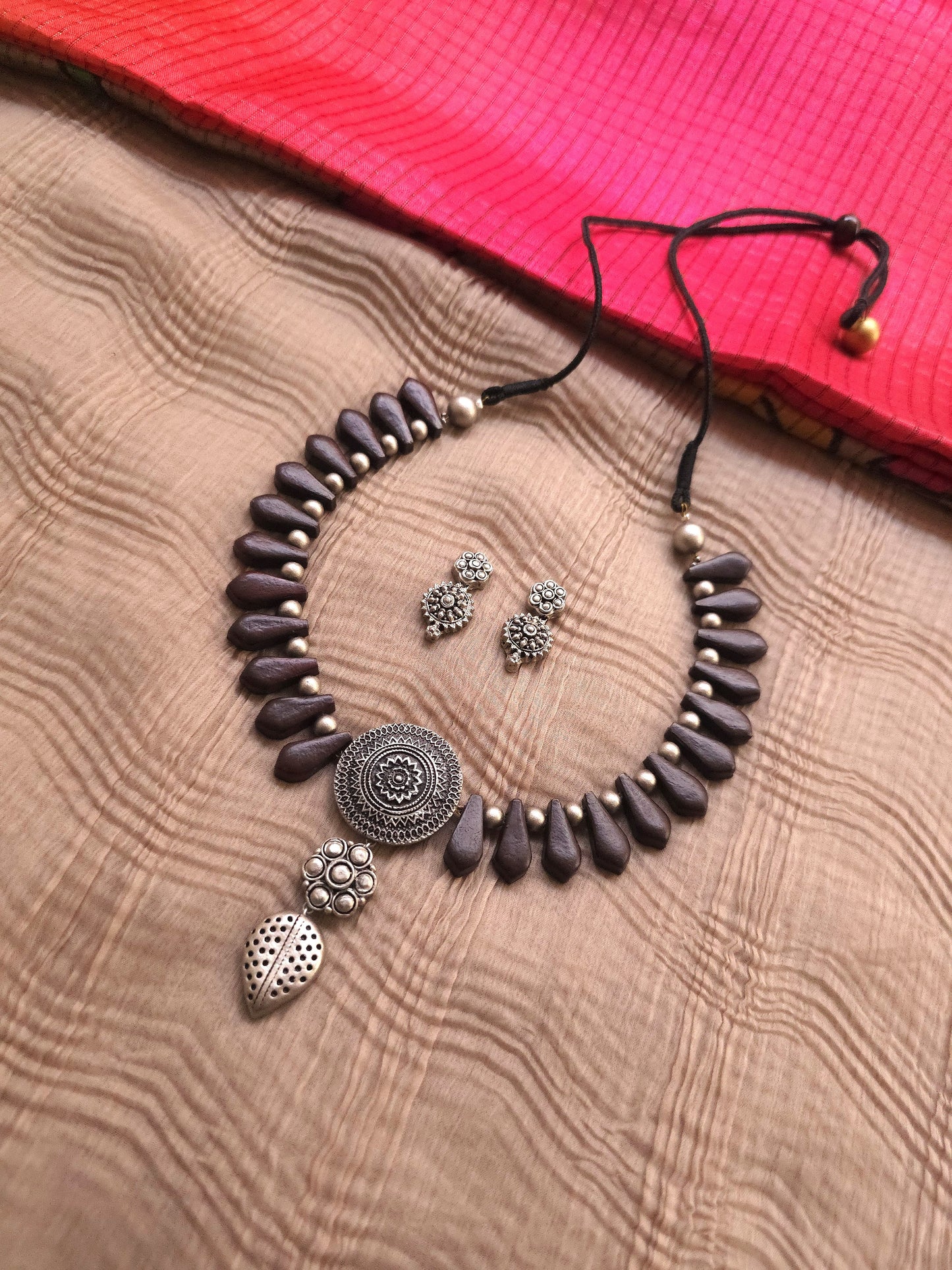 Chakra Oxidised Silver Mandala & Earthy Brown Teardrop Terracotta Set