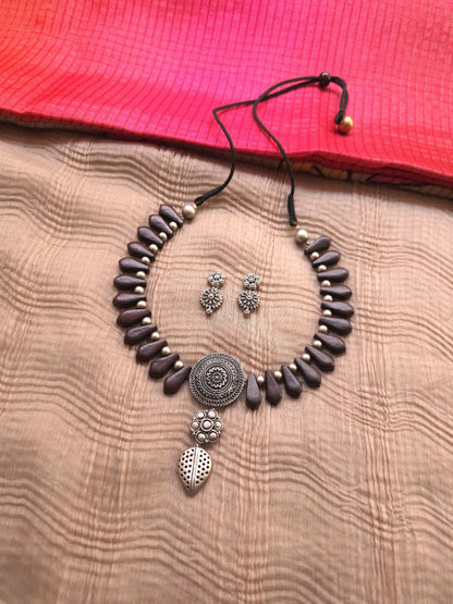Chakra Oxidised Silver Mandala & Earthy Brown Teardrop Terracotta Set