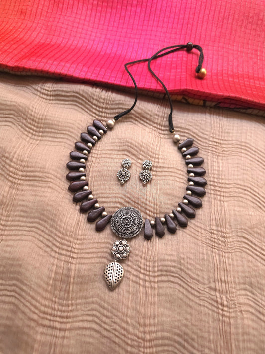 Chakra Oxidised Silver Mandala & Earthy Brown Teardrop Terracotta Set