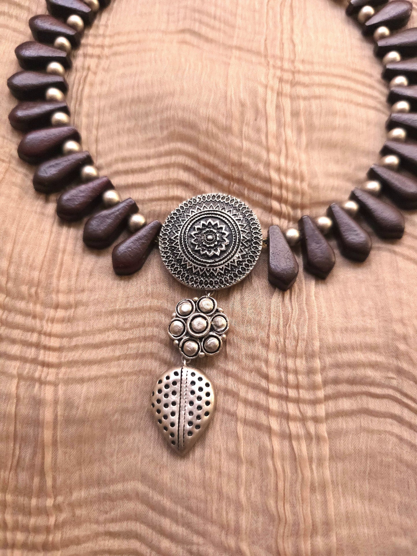Chakra Oxidised Silver Mandala & Earthy Brown Teardrop Terracotta Set