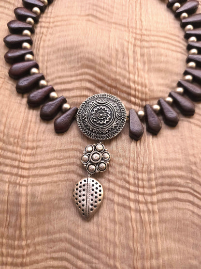 Chakra Oxidised Silver Mandala & Earthy Brown Teardrop Terracotta Set