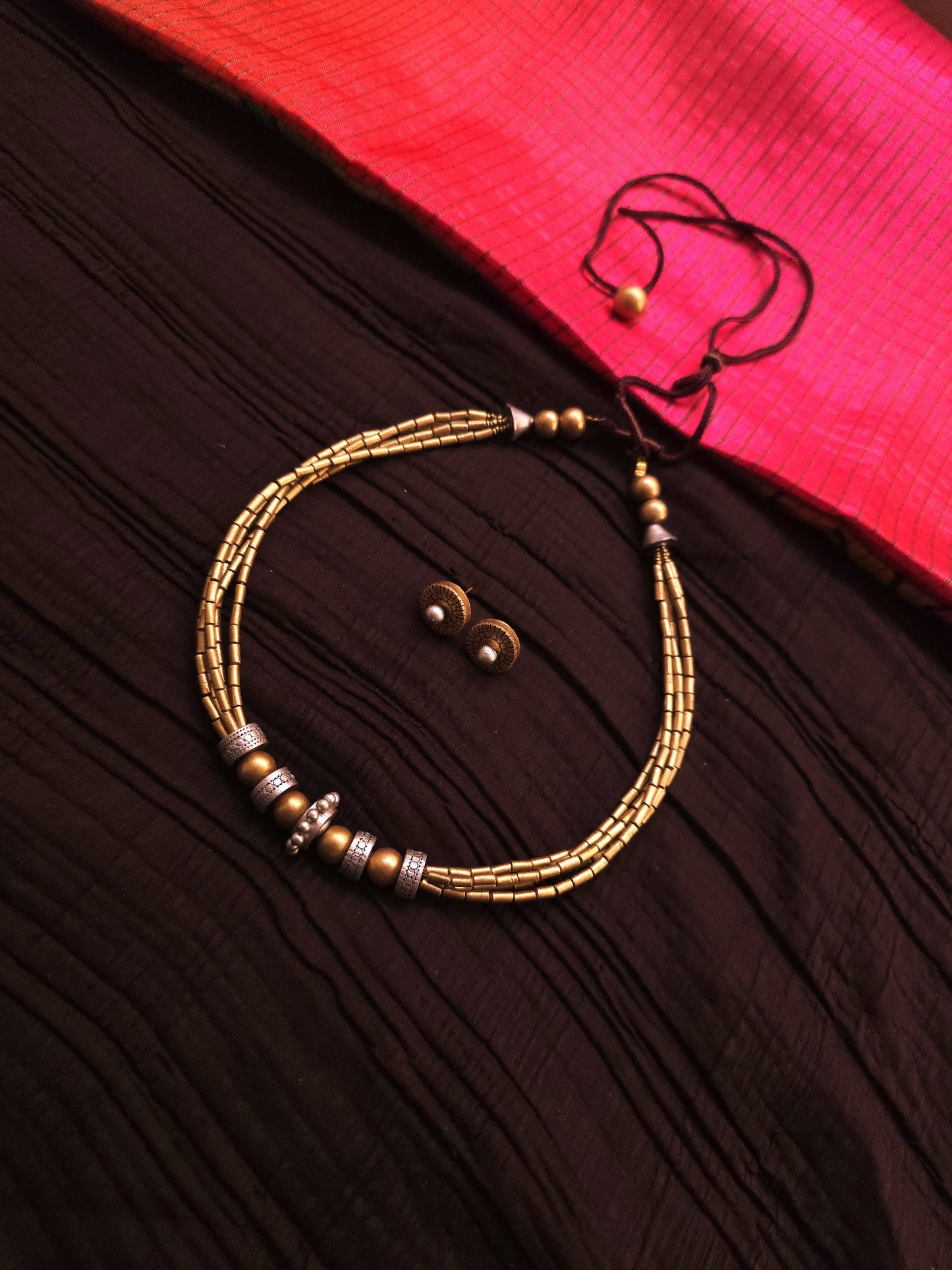 Charu Dual-Tone Antique Gold Multi-Strand & Silver Spacer Terracotta Choker Set