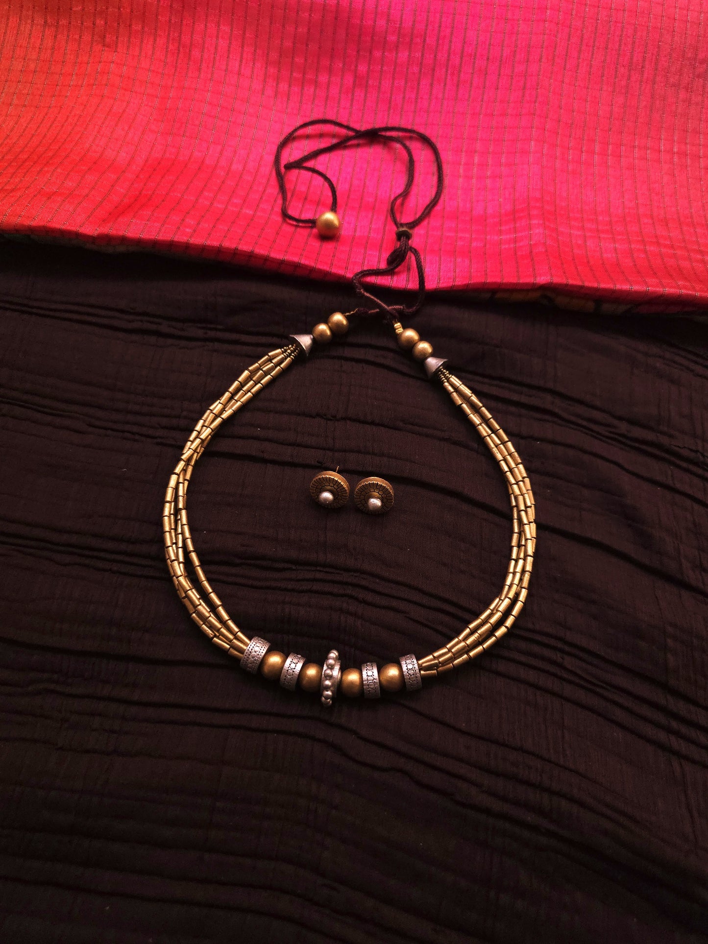 Charu Dual-Tone Antique Gold Multi-Strand & Silver Spacer Terracotta Choker Set