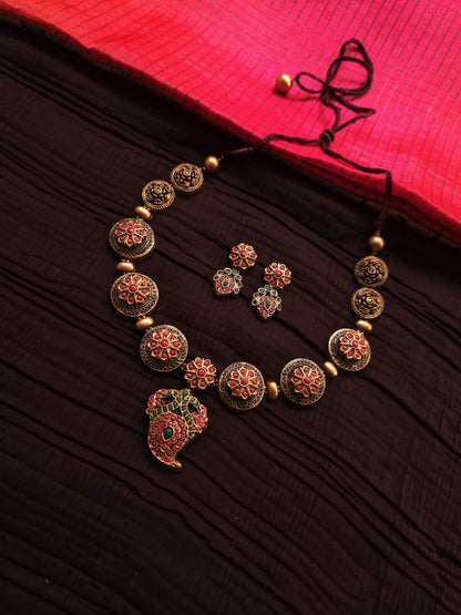 Charulata Antique Gold Floral Medallion & Mango-Peacock Terracotta Set