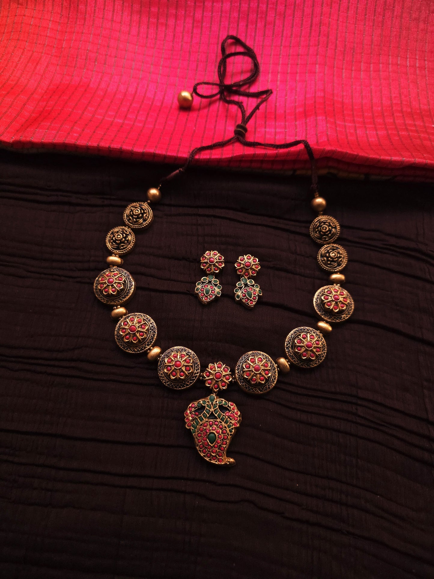 Charulata Antique Gold Floral Medallion & Mango-Peacock Terracotta Set