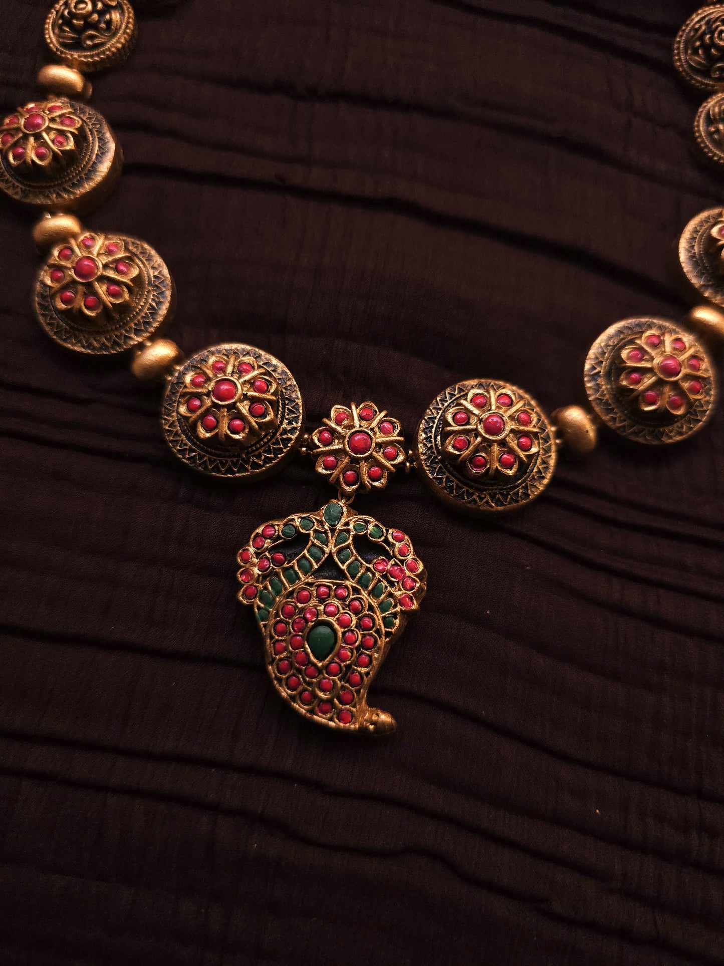 Charulata Antique Gold Floral Medallion & Mango-Peacock Terracotta Set