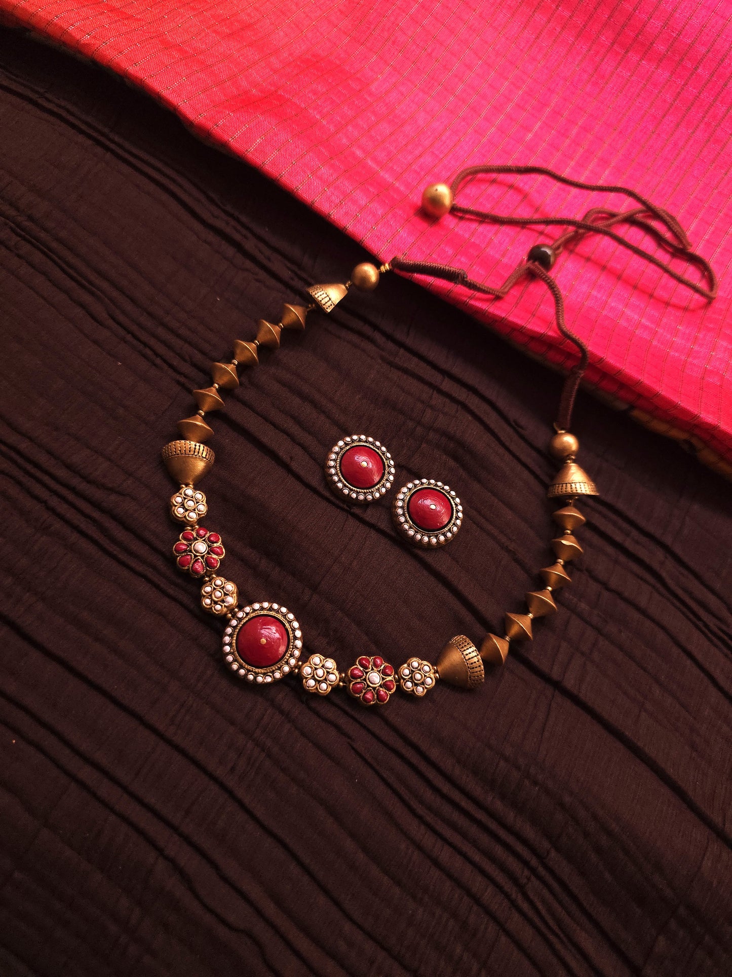 Charvi Antique Gold Bi-Conical & Crimson Medallion Terracotta Set