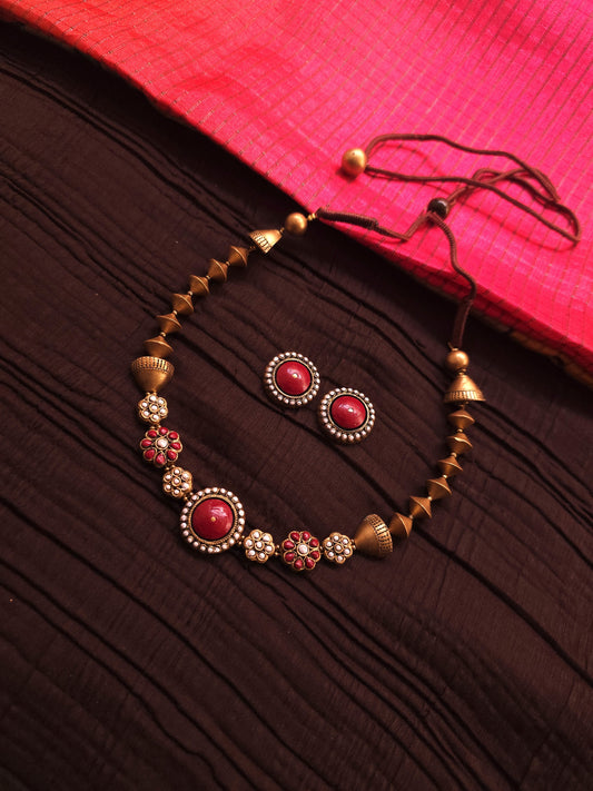 Charvi Antique Gold Bi-Conical & Crimson Medallion Terracotta Set