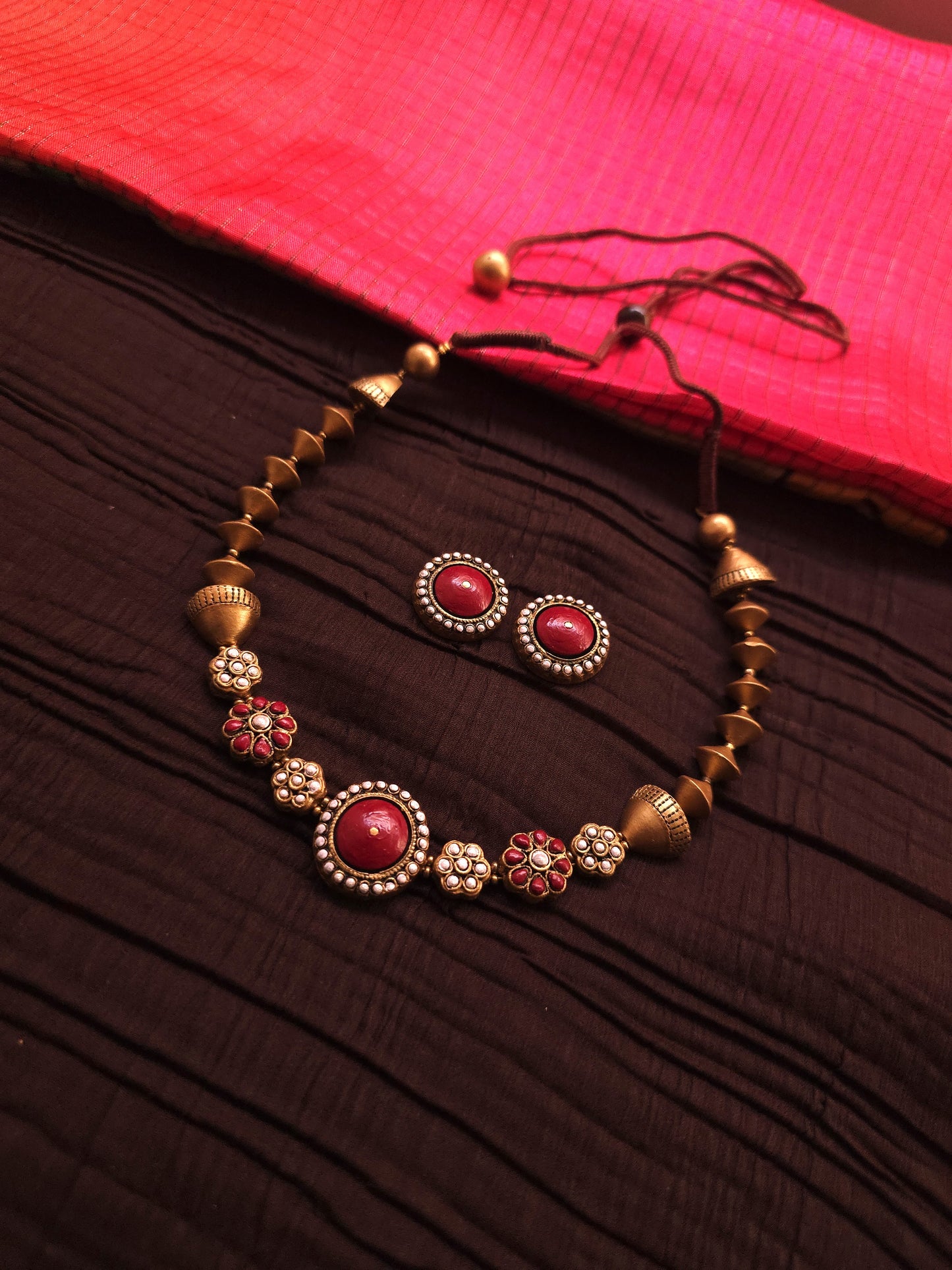 Charvi Antique Gold Bi-Conical & Crimson Medallion Terracotta Set