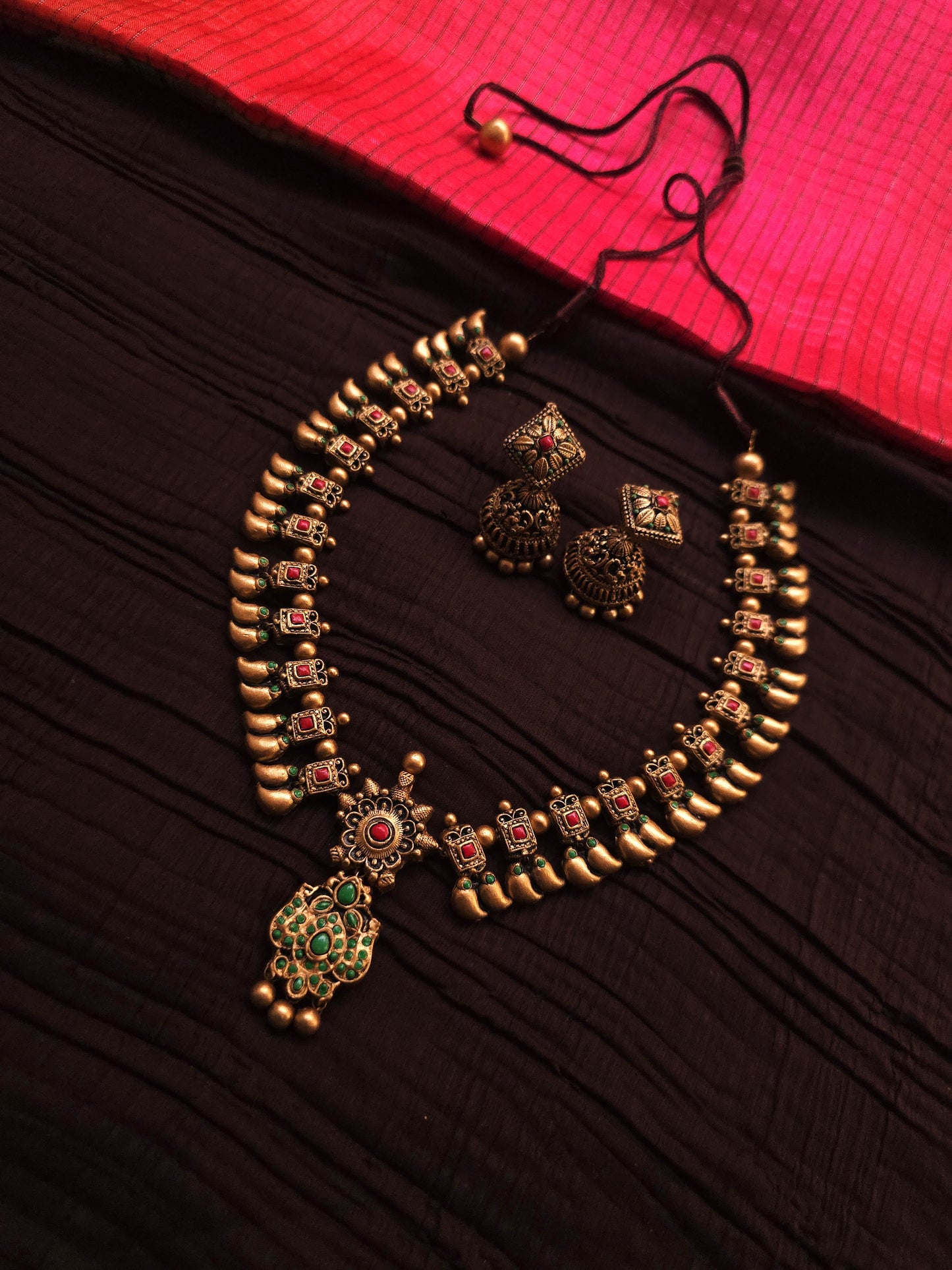 Devika Antique Gold Jharokha Bud & Crimson-Emerald Terracotta Temple Set