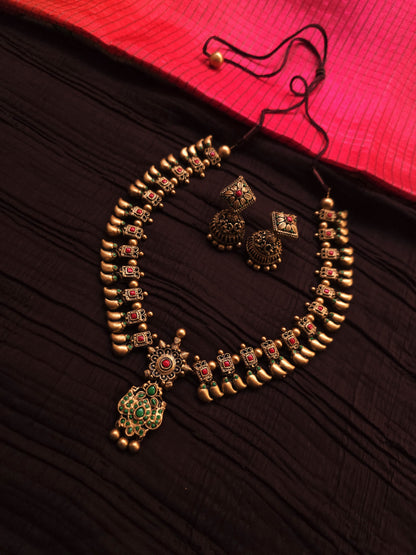 Devika Antique Gold Jharokha Bud & Crimson-Emerald Terracotta Temple Set
