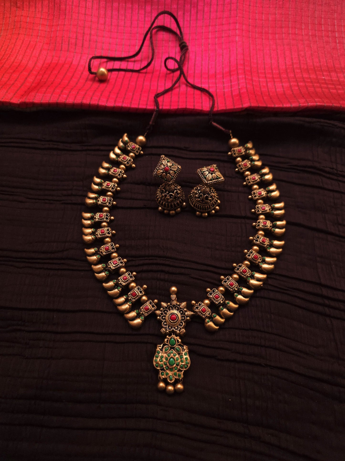 Devika Antique Gold Jharokha Bud & Crimson-Emerald Terracotta Temple Set