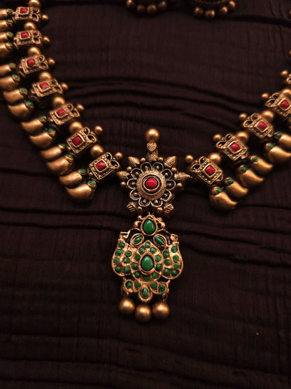 Devika Antique Gold Jharokha Bud & Crimson-Emerald Terracotta Temple Set
