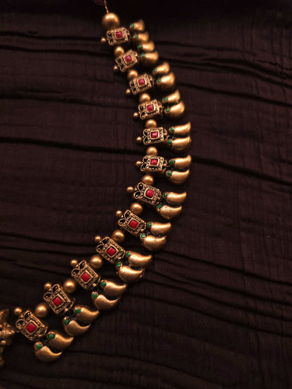 Devika Antique Gold Jharokha Bud & Crimson-Emerald Terracotta Temple Set