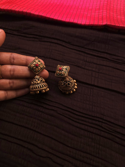 Devika Antique Gold Jharokha Bud & Crimson-Emerald Terracotta Temple Set