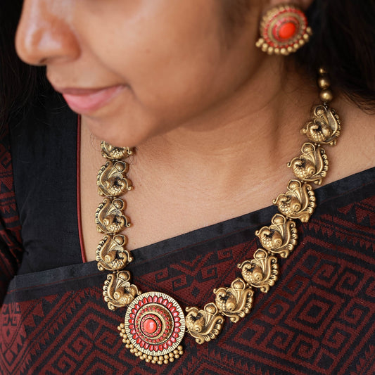 Divyani terracotta peacock necklace antique gold red pendant