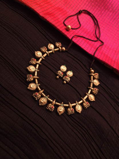 Gaja Lakshmi Antique Gold Coin & Elephant Terracotta Collar Set