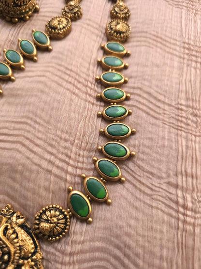 Gaja Lakshmi Antique Gold Peacock Frame & Emerald Green Terracotta Temple Set