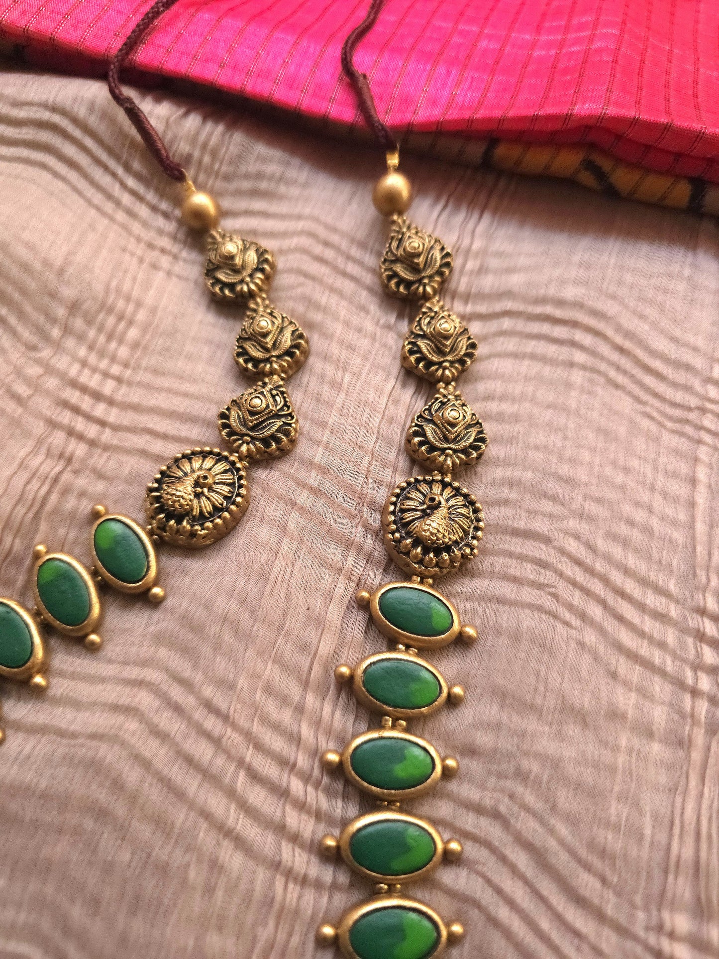 Gaja Lakshmi Antique Gold Peacock Frame & Emerald Green Terracotta Temple Set