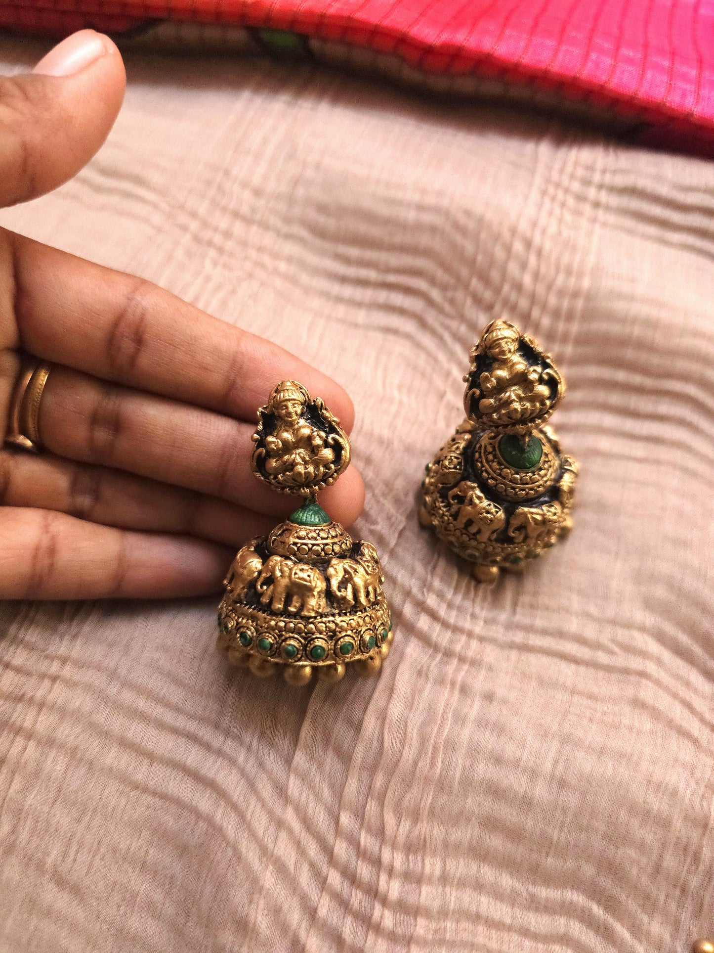 Gaja Lakshmi Antique Gold Peacock Frame & Emerald Green Terracotta Temple Set