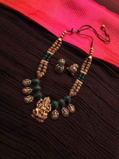 Ganesha Heritage Antique Gold Rudraksha & Deep Green Terracotta Temple Set