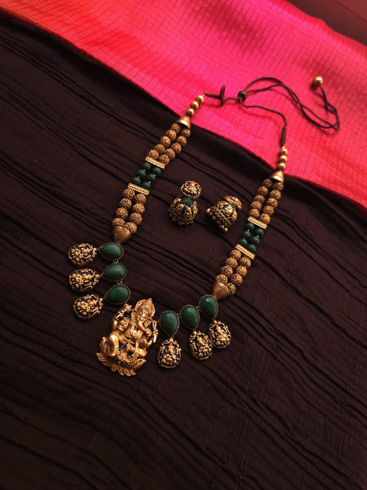 Ganesha Heritage Antique Gold Rudraksha & Deep Green Terracotta Temple Set