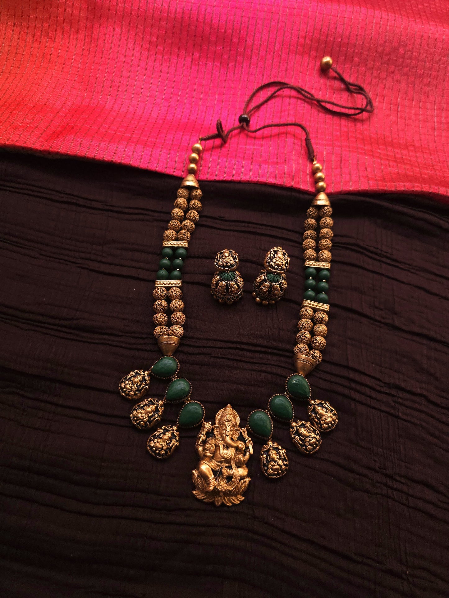 Ganesha Heritage Antique Gold Rudraksha & Deep Green Terracotta Temple Set