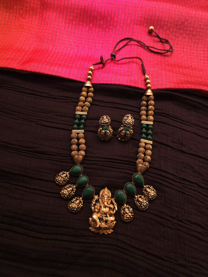 Ganesha Heritage Antique Gold Rudraksha & Deep Green Terracotta Temple Set