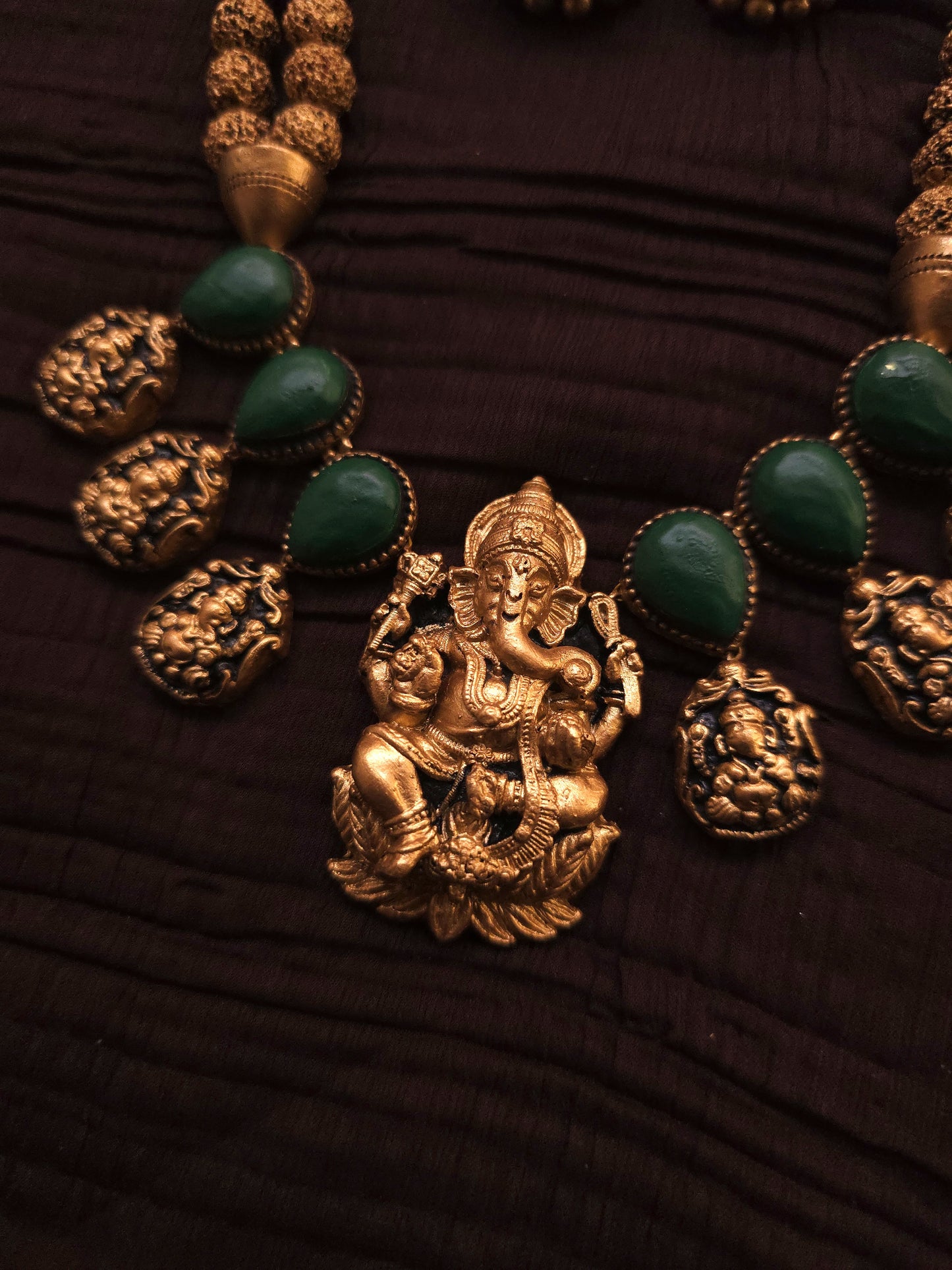Ganesha Heritage Antique Gold Rudraksha & Deep Green Terracotta Temple Set