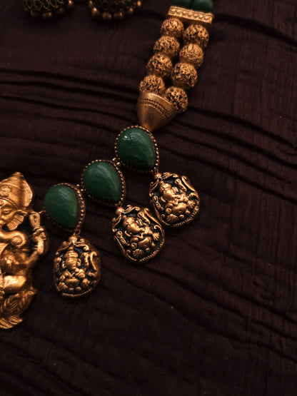Ganesha Heritage Antique Gold Rudraksha & Deep Green Terracotta Temple Set