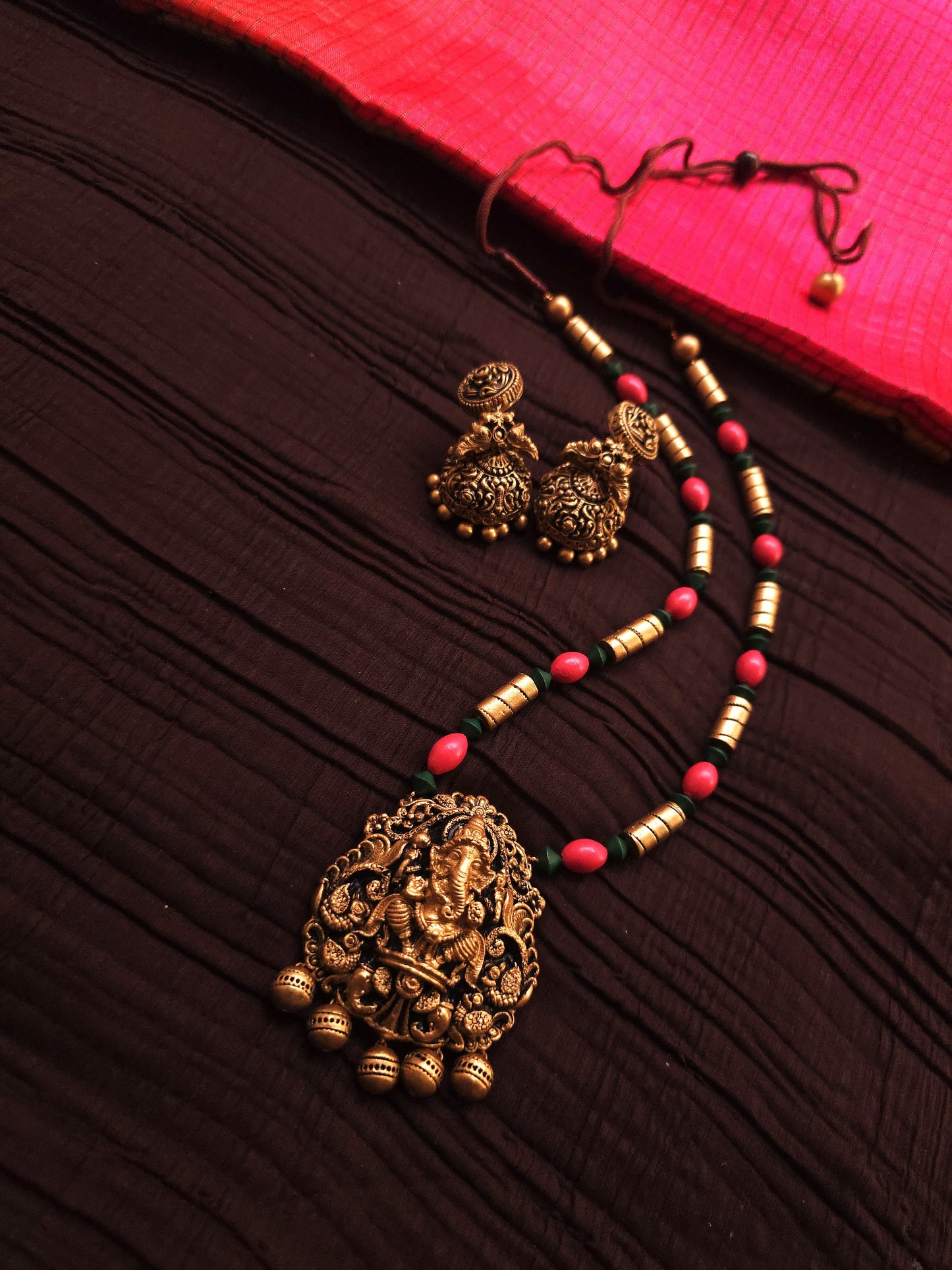 Ganesha Vinayaka Antique Gold & Tri-Color Bead Temple Terracotta Set