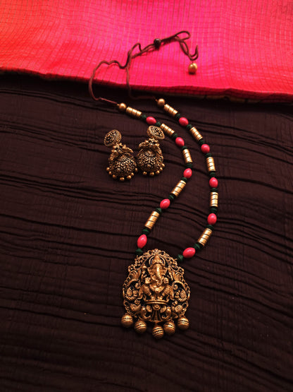 Ganesha Vinayaka Antique Gold & Tri-Color Bead Temple Terracotta Set