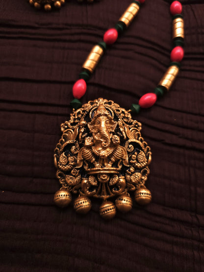 Ganesha Vinayaka Antique Gold & Tri-Color Bead Temple Terracotta Set