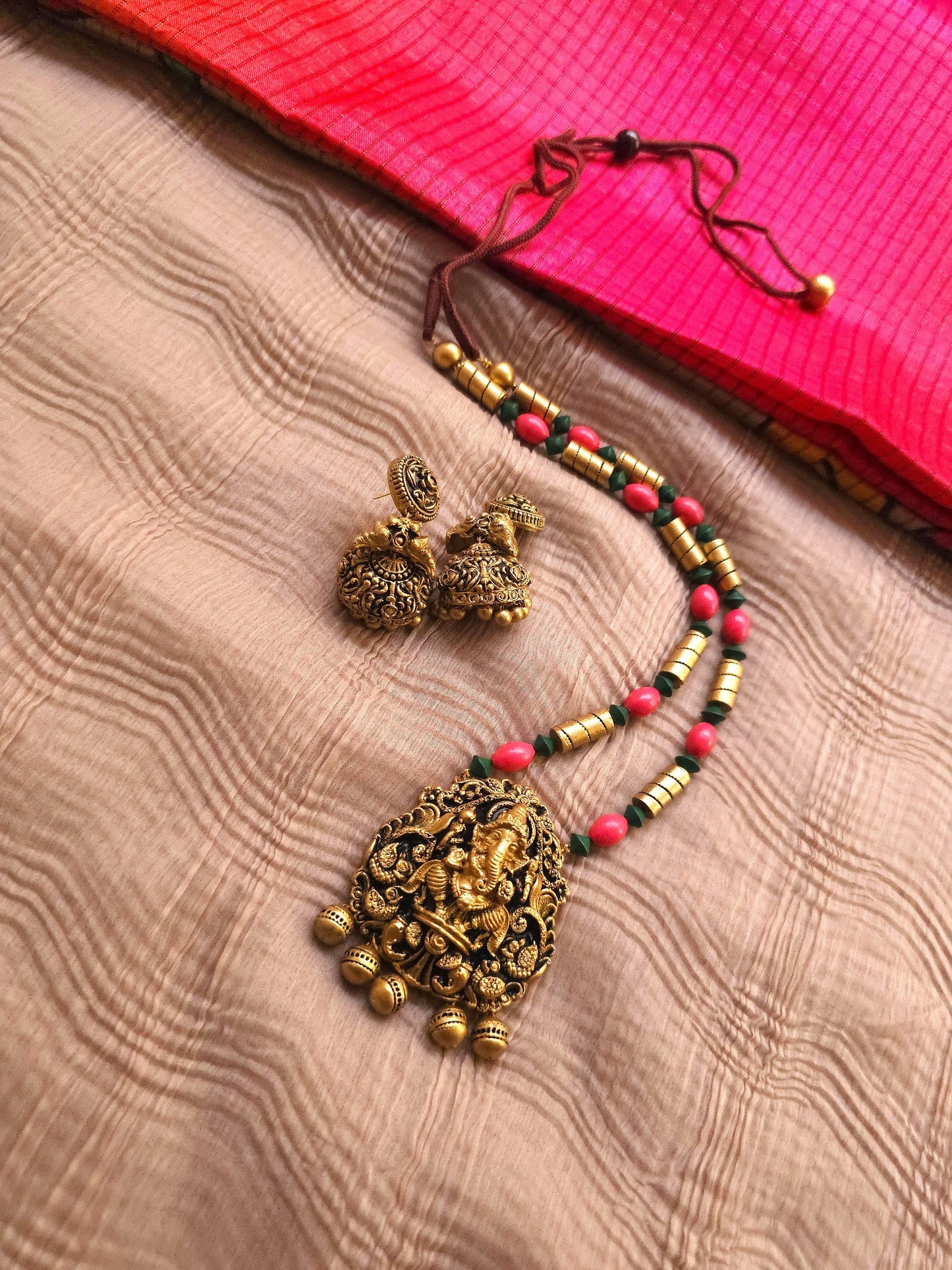 Ganesha Vinayaka Antique Gold & Tri-Color Bead Temple Terracotta Set