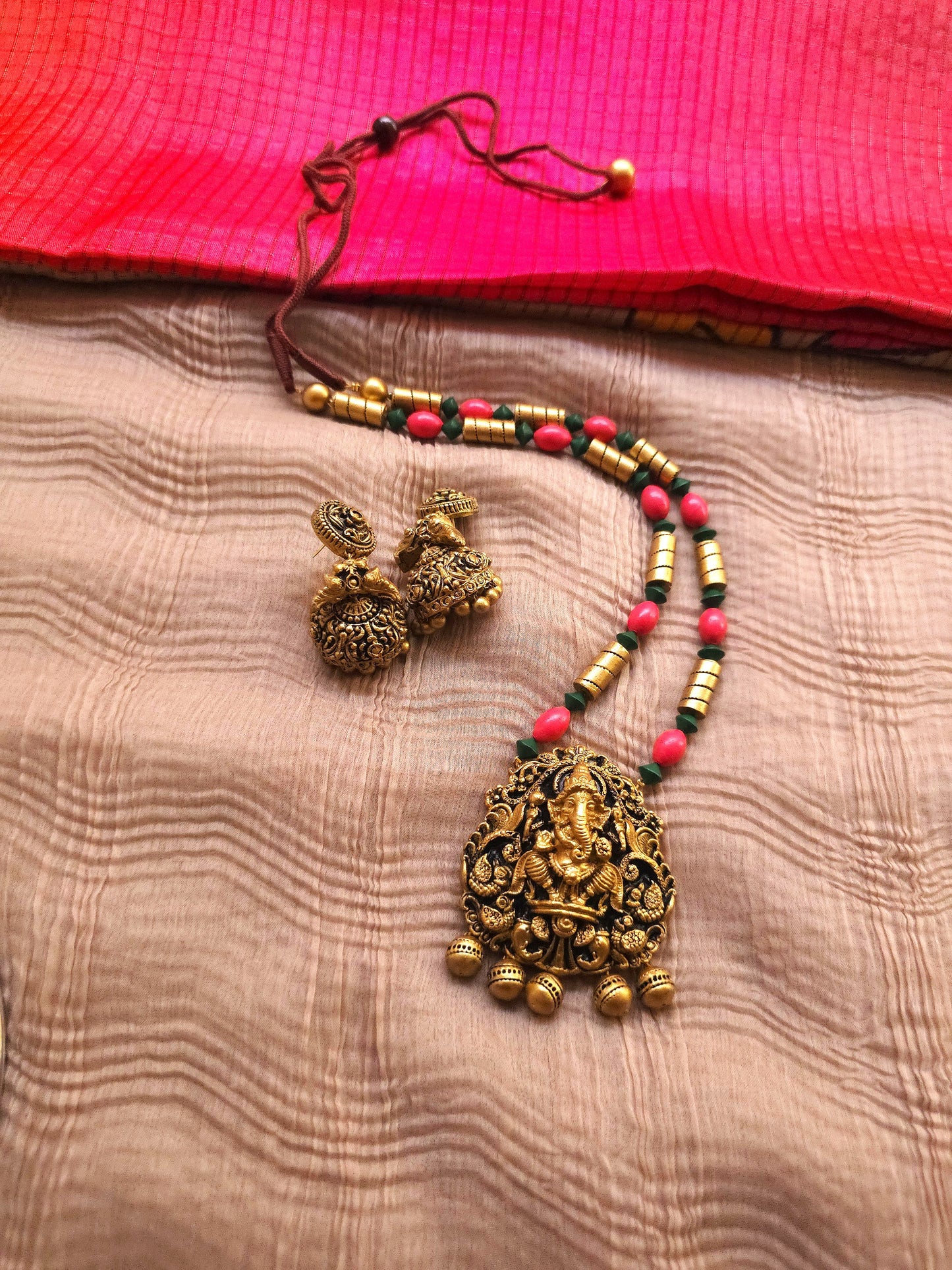 Ganesha Vinayaka Antique Gold & Tri-Color Bead Temple Terracotta Set