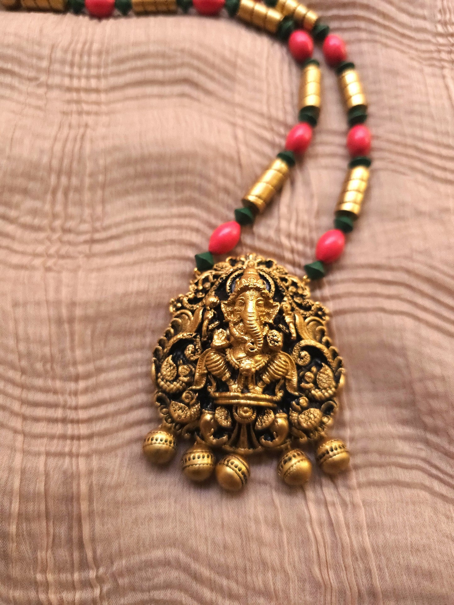 Ganesha Vinayaka Antique Gold & Tri-Color Bead Temple Terracotta Set