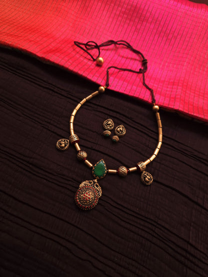 Gayathri Antique Gold Tubular & Emerald-Crimson Peacock Terracotta Set