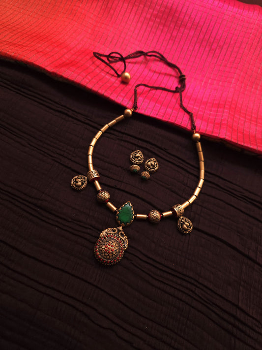 Gayathri Antique Gold Tubular & Emerald-Crimson Peacock Terracotta Set