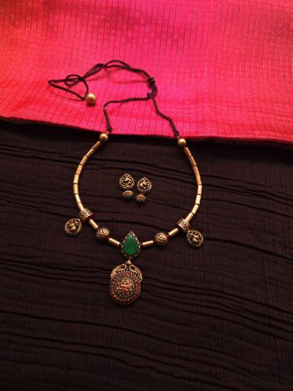 Gayathri Antique Gold Tubular & Emerald-Crimson Peacock Terracotta Set