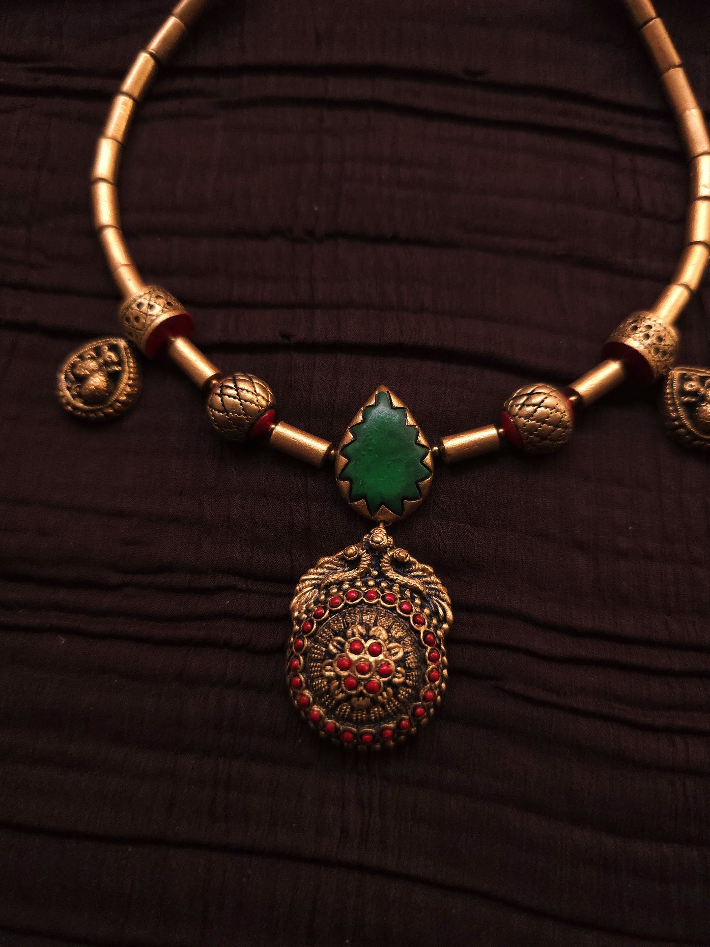 Gayathri Antique Gold Tubular & Emerald-Crimson Peacock Terracotta Set
