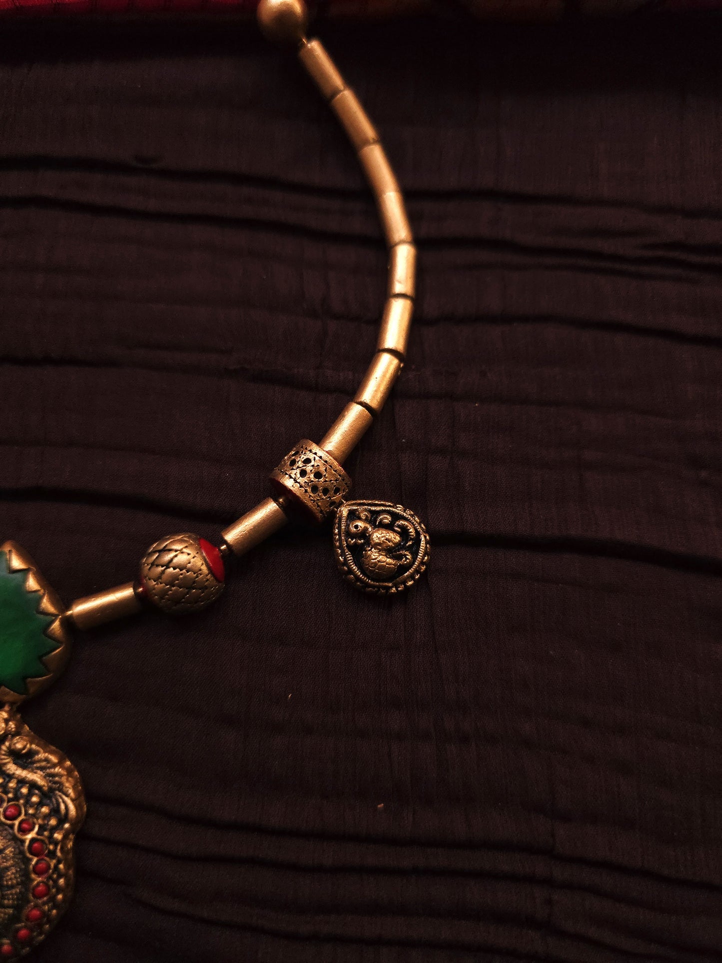Gayathri Antique Gold Tubular & Emerald-Crimson Peacock Terracotta Set