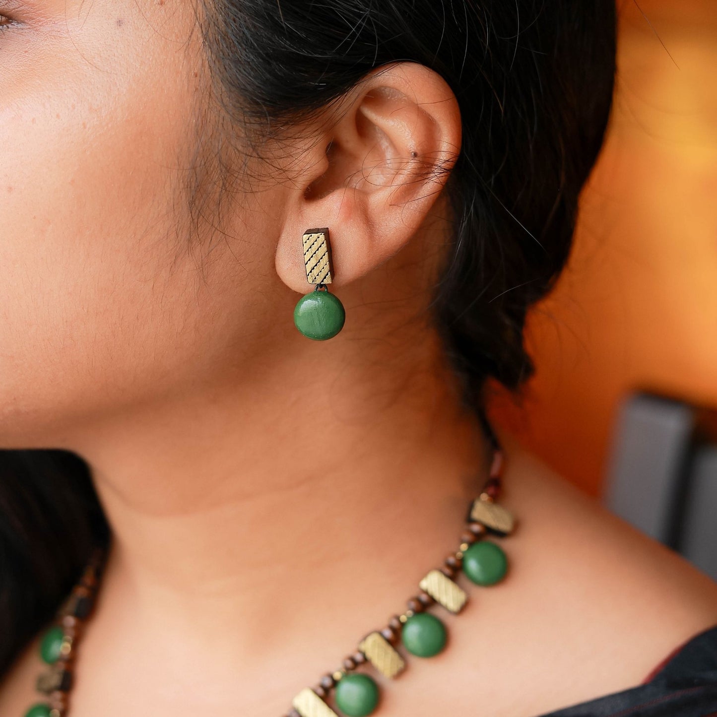 Greha - Green and gold rectangle motif terracotta jewellery