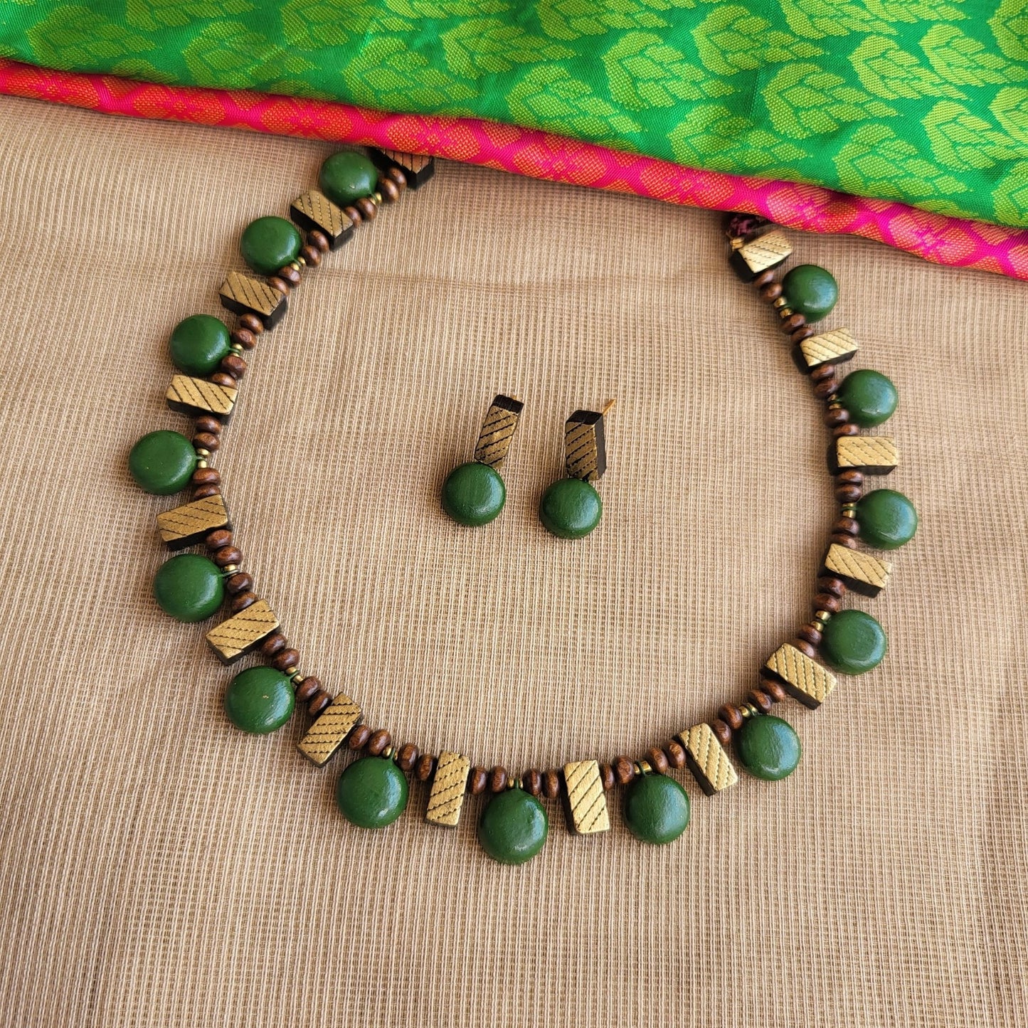 Greha - Green and gold rectangle motif terracotta jewellery