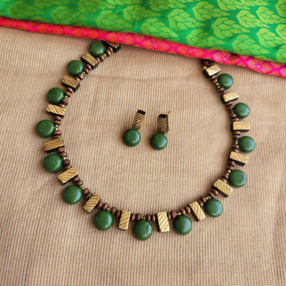 Greha - Green and gold rectangle motif terracotta jewellery