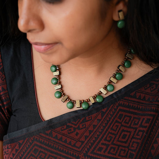 Greha - Green and gold rectangle motif terracotta jewellery
