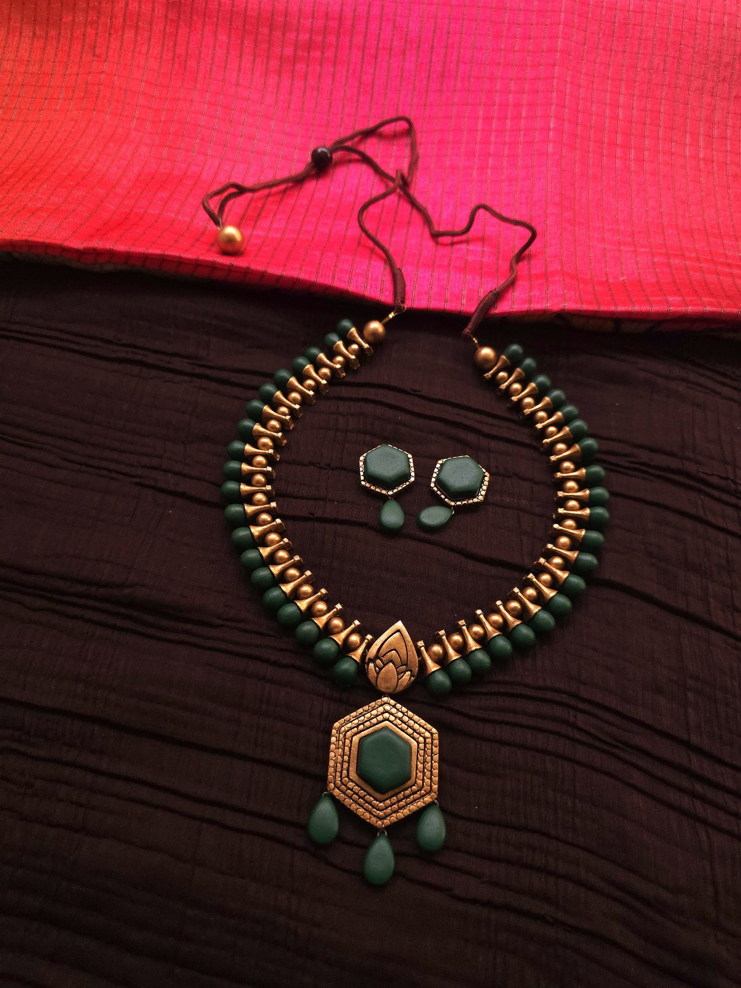Harini Antique Gold Spindle & Forest Green Hexagonal Terracotta Pendant Set