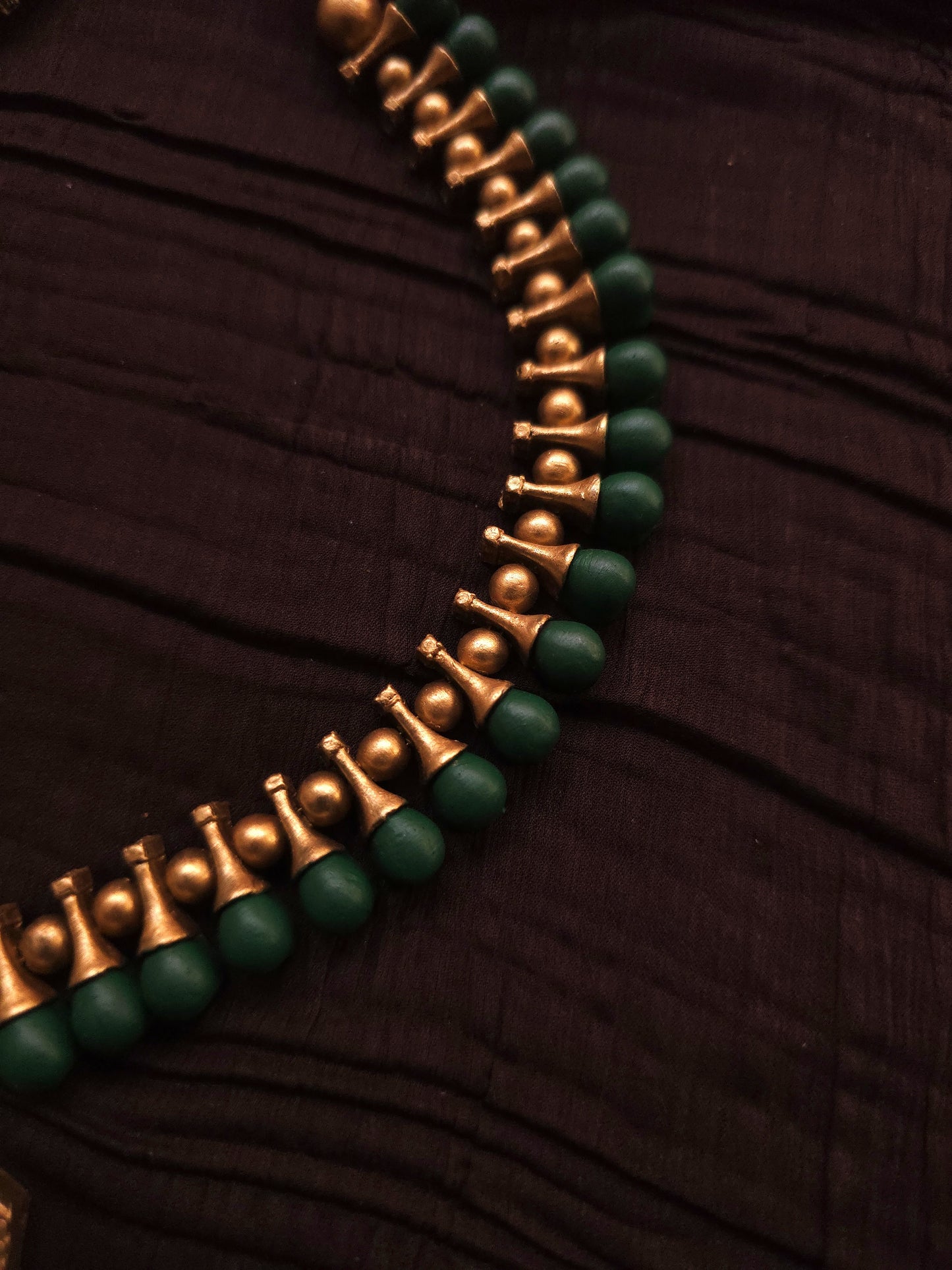 Harini Antique Gold Spindle & Forest Green Hexagonal Terracotta Pendant Set