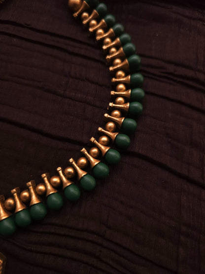 Harini Antique Gold Spindle & Forest Green Hexagonal Terracotta Pendant Set