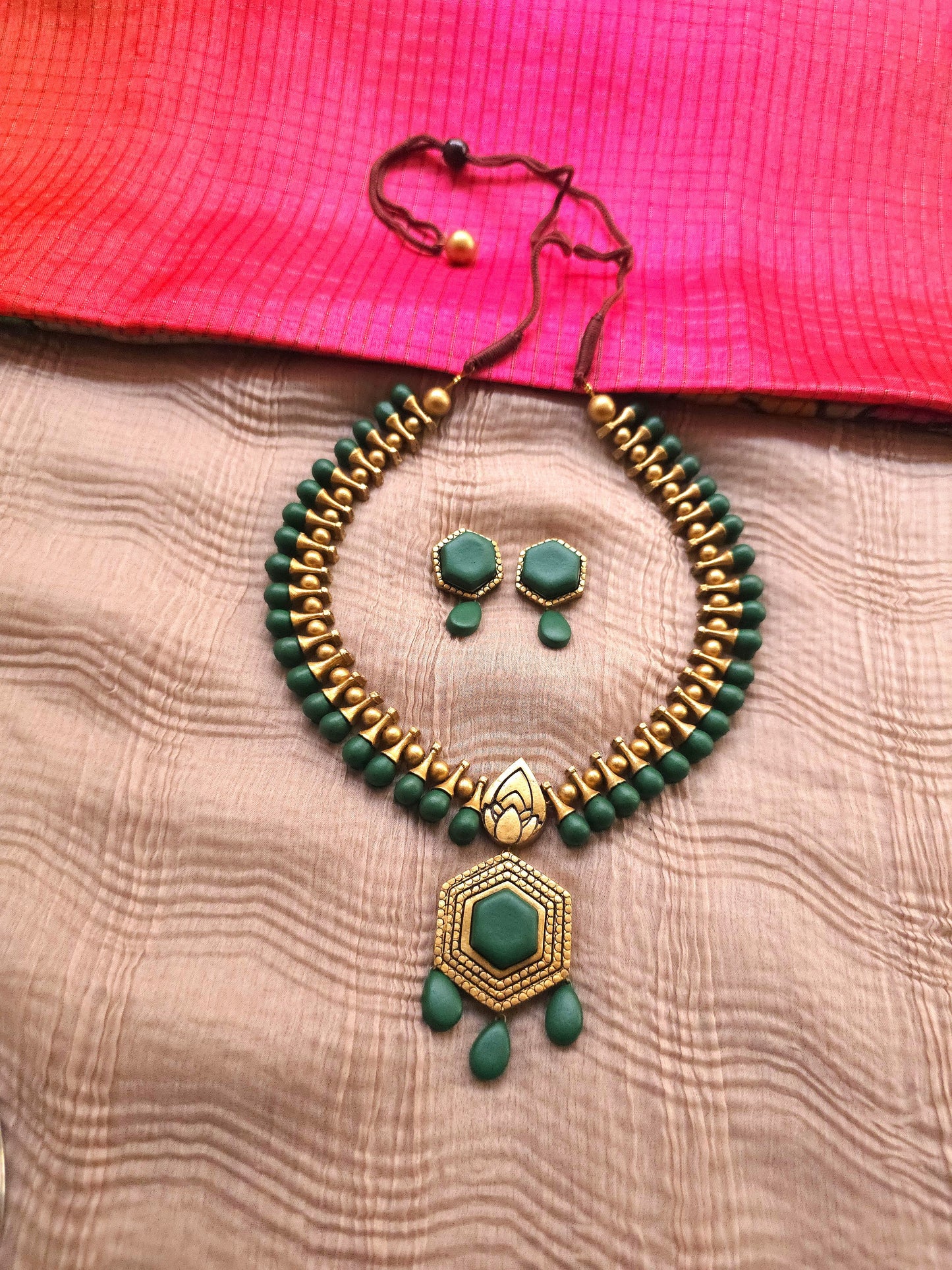 Harini Antique Gold Spindle & Forest Green Hexagonal Terracotta Pendant Set
