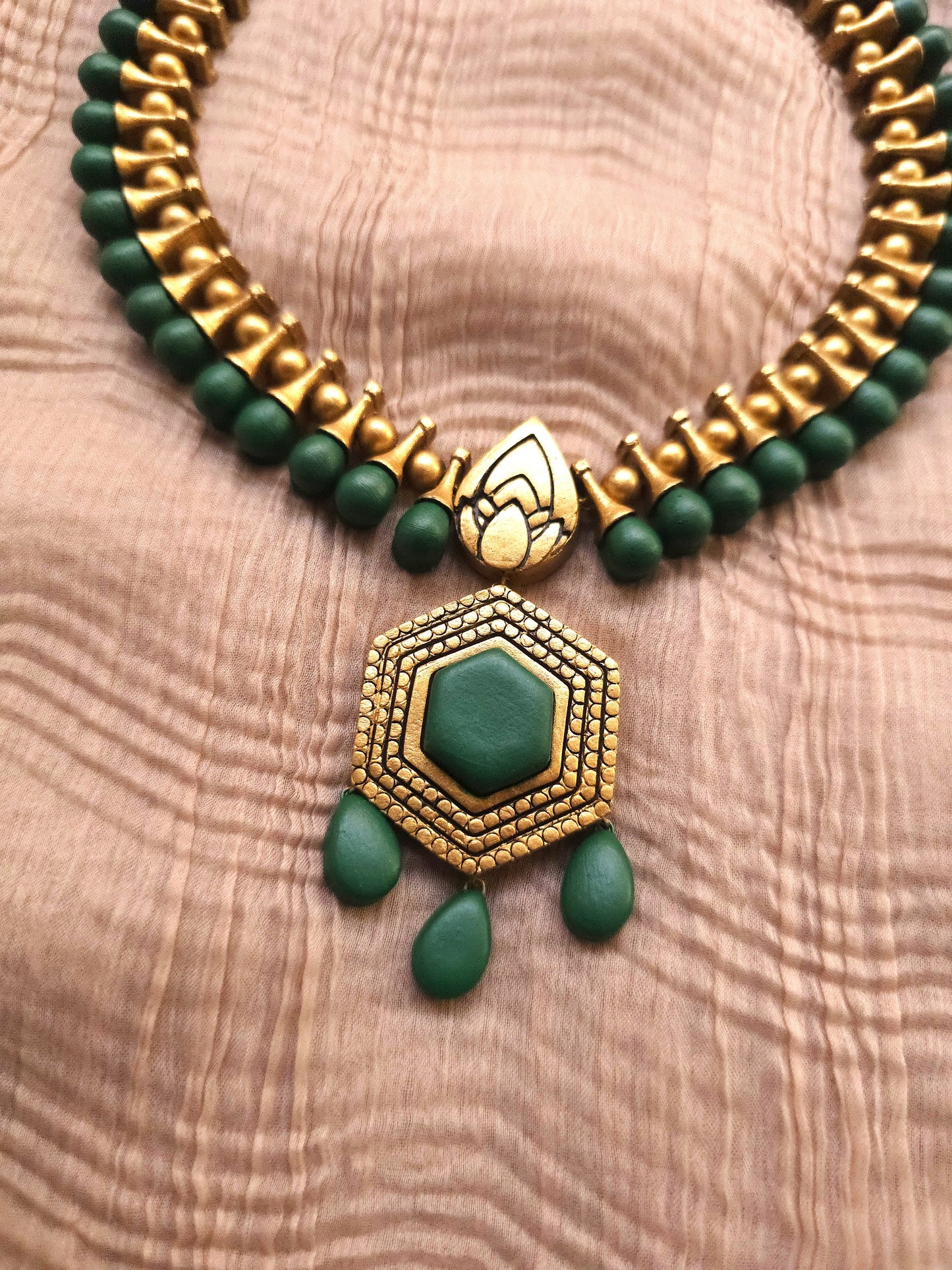 Harini Antique Gold Spindle & Forest Green Hexagonal Terracotta Pendant Set